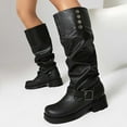 thumbnail image 2 of Slouchy Motorcycle Riding Combat Boots for Women Studded Leather Buckle Square Toe Knee High Cowboy Tall Boots, 2 of 6