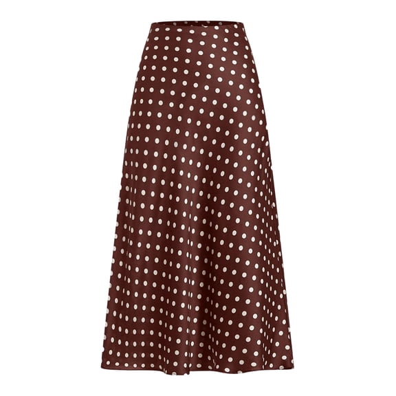 Women's Linen High Waisted Midi A-Line Skirt Polka Dot Pattern Silky Satin Fabric Elegant High Rise Flowy Swing Skirt For Office Work Wedding Guest Date