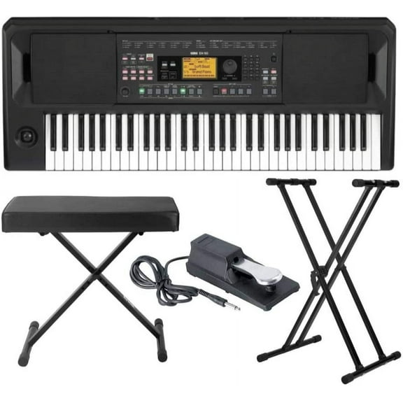 Korg EK-50 Entertainer Keyboard with MR DJ Adjustable X Style Keyboard Bench, Adjustable Keyboard Stand, and Pedal Bundle (4 Items)