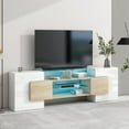 thumbnail image 2 of Euroco LED TV Stand for TVs Up to 80" Media Console with LED Lights, Versatile TV Cabinet with 2 Illuminated Glass Shelves, White&Natural, 2 of 10
