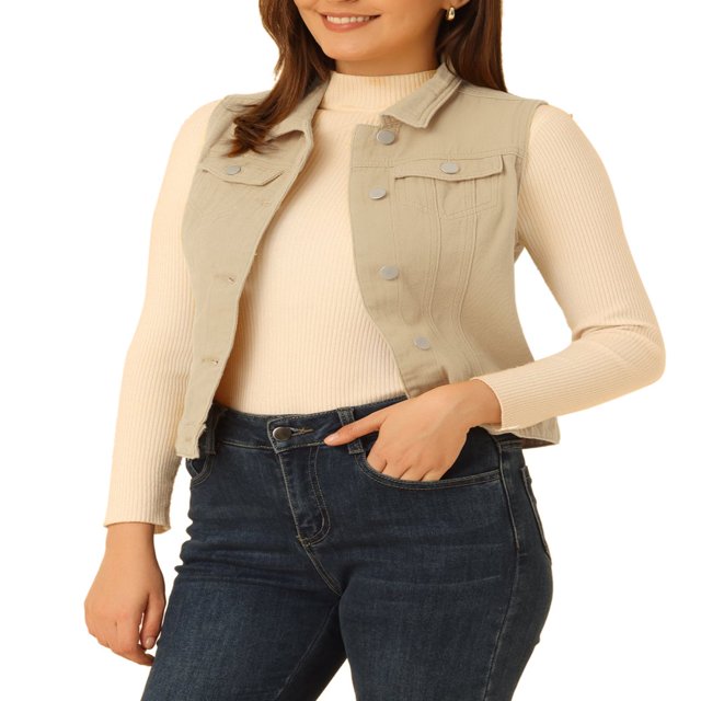 Allegra K Women‘s Washed Chest Flap Pockets Single Breasted Denim Vest Jacket