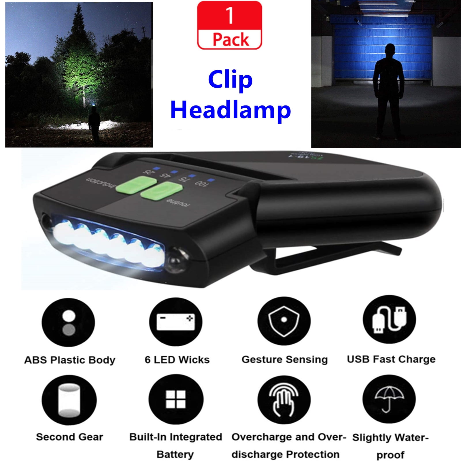 6 LED Clip-on Headlamp USB Rechargeable Sensor Cap Hat Lamp Ultra Bright Rotatable Lightweight Waterproof Headlight Torch Light for Outdoor 1/2 Pcs Clip on Cap LED Light 