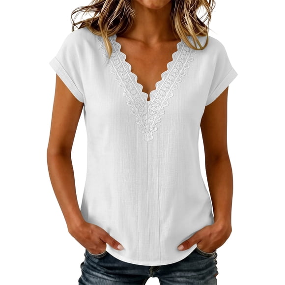 LckLvx Women's Cotton Linen Shirts Lace Trim V Neck Short Sleeve Trendy Summer Going Out Tops