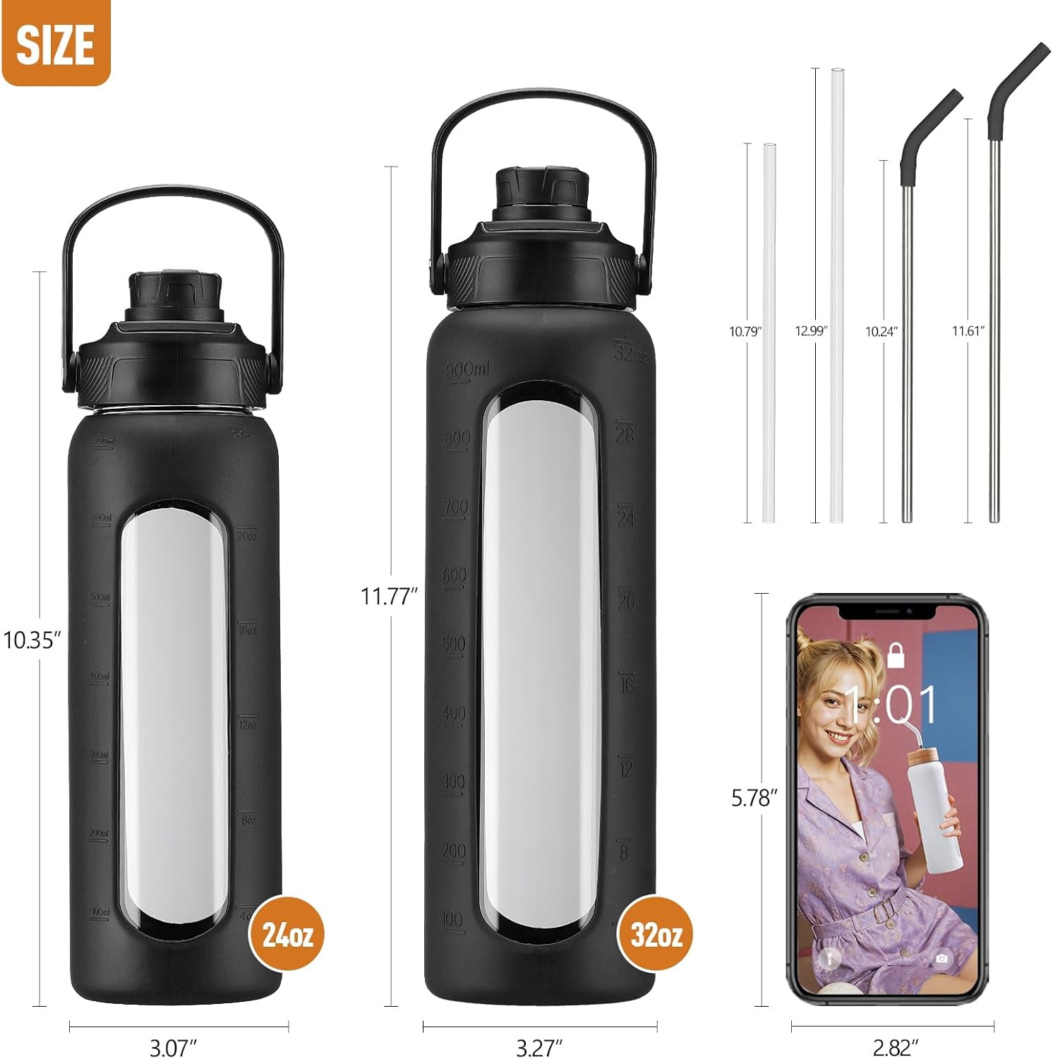 MUKOKO Glass Water Bottle, 32oz Sports Drinking Tumbler with Silicone Sleeve and Straw, 1 Cup 2 Lids, Black