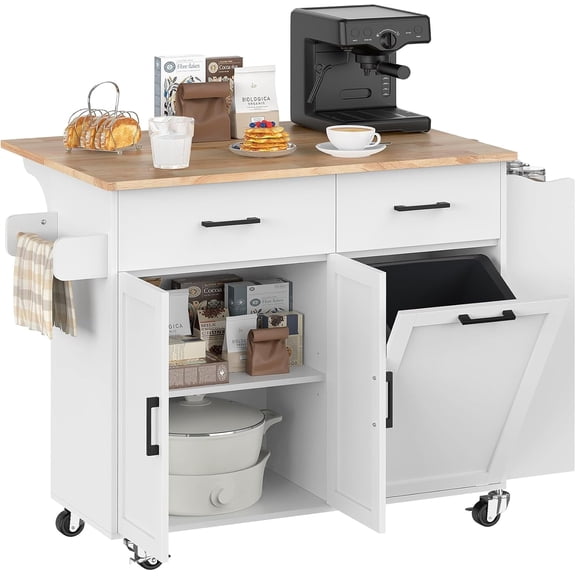 Frmobepts Rolling Kitchen Island with Drop Leaf, Tilt Out Kitchen Trash Cabinet 10 Gallon Storage, Kitchen Cart Island with Rubber wood Top, Spice Rack and Drawers,White