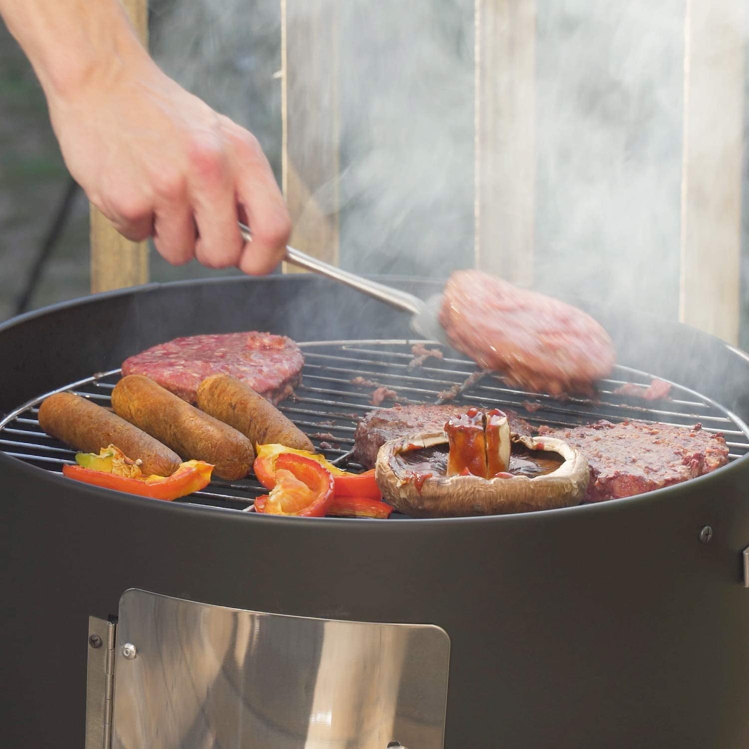 3-in-1 Charcoal BBQ Smoker, Outdoor Grill Cooker with Built-in Thermometer and 6 Ways for Outdoor Backyard Cooking Grilling Camping