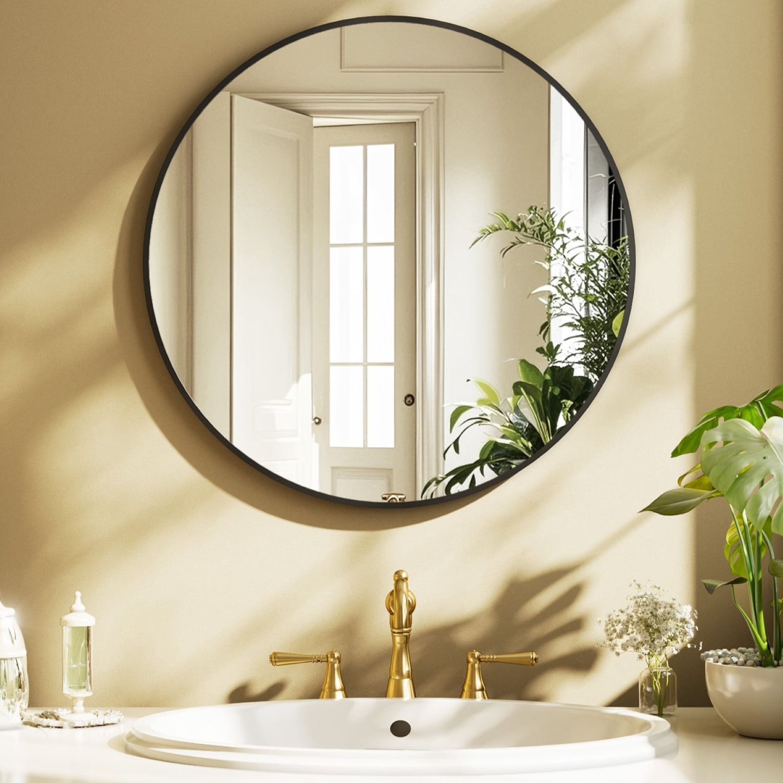 SHATTERVIEW 24" Bathroom Mirror Round Wall Mirror Vanity Mirror with Metal Frame, Black