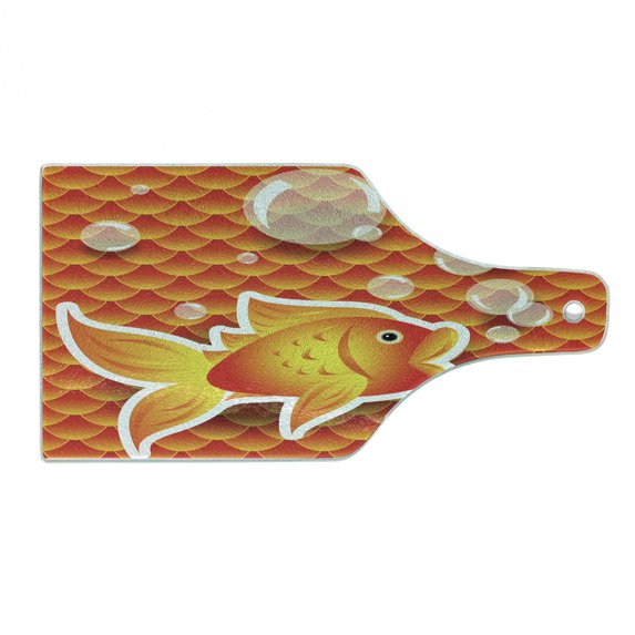 Orange Cutting Board, Small Goldfish Talking with Bubbles Random Scallop Patterns Nautical Sea Print, Tempered Glass Cutting and Serving Board, Wine Bottle Shape, Burnt Orange, by Ambesonne