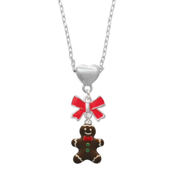 Delight Jewelry Enamel Gingerbread Boy Red Bow Heart Necklace
