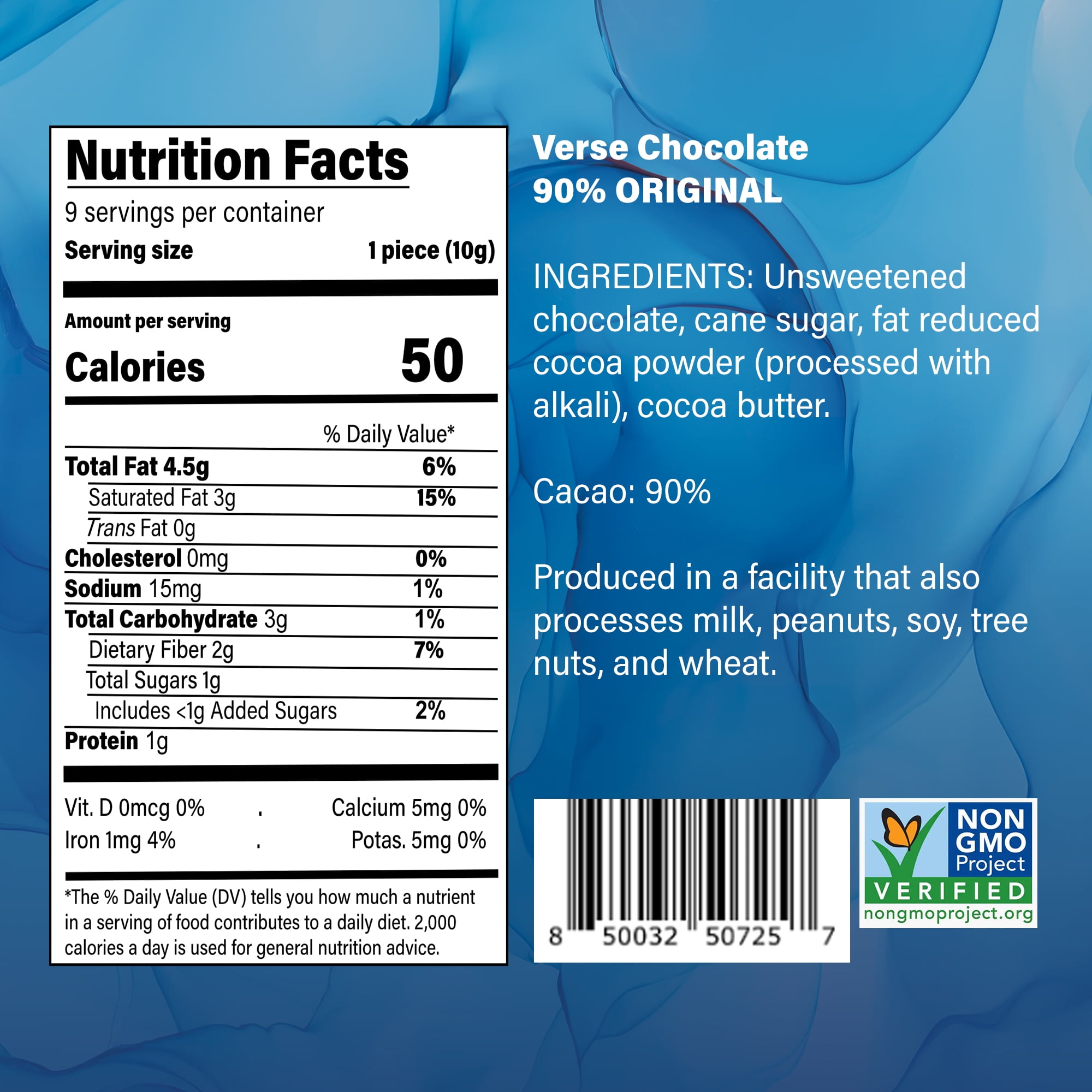 Verse 90% Dark Chocolate Squares - Gluten Free, Keto, Low Sugar Snack - Creamy Dark Cocoa - Only 1g Cane Sugar - Individually Wrapped, Vegan Cacao Chocolate Squares (9 Count, 4 Pack)