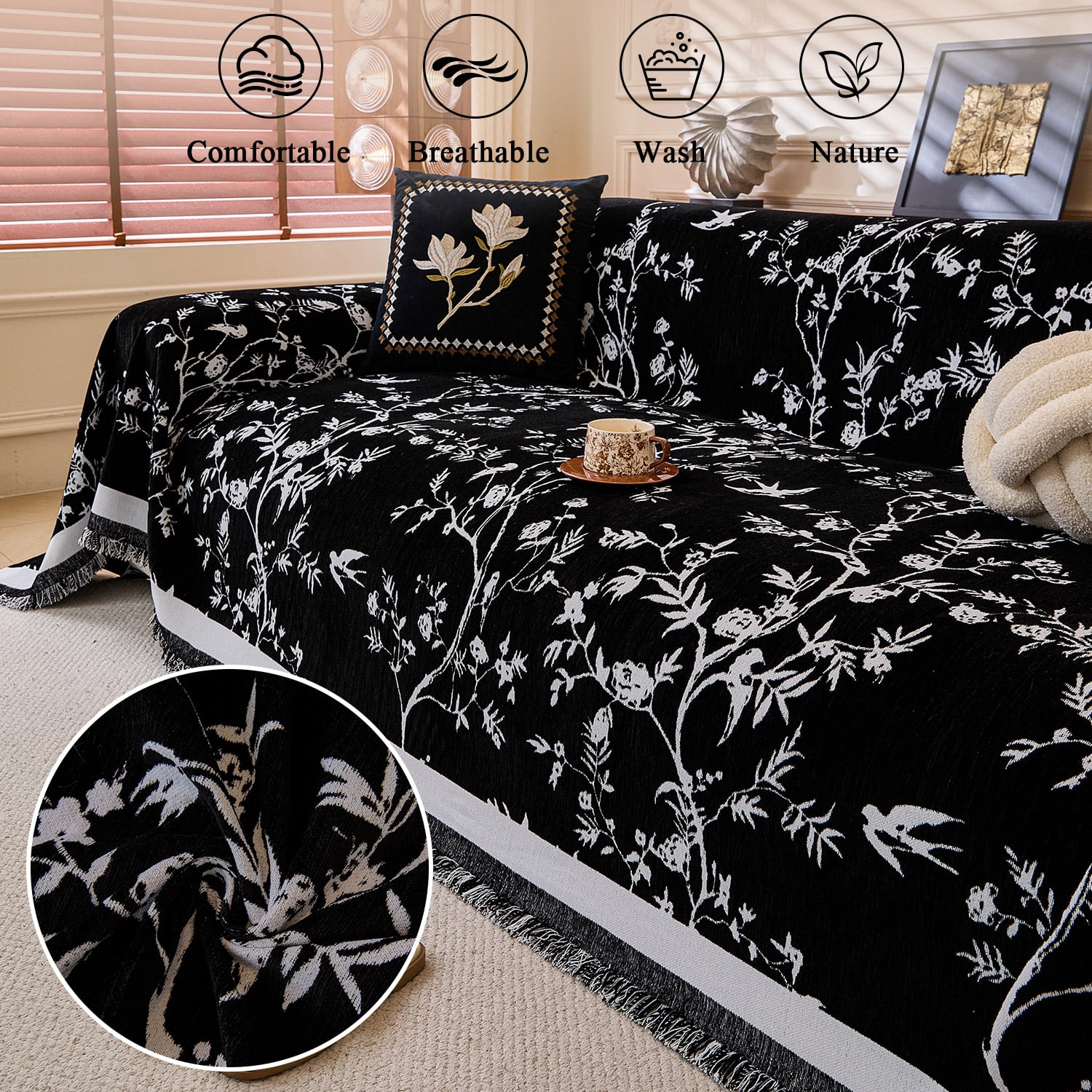 NAYOROOM Vintage Black Couch Cover,Chenille Sofa Cover Slipcover Sofa Towel Furniture Cover（71"x 150"）
