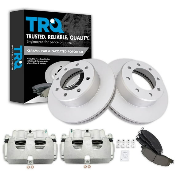 TRQ Front Brake Pad & Rotor Kit Brake Caliper Brake Pads Brake Rotor Ceramic Premium G-Coated Fits Select 2009-2010 Dodge Ram 2500 Ram 3500 2011-2018 Ram 2500 3500