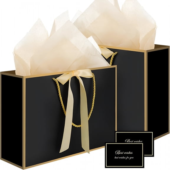 CCOCC Black Gift Bags with Handles, 14" Medium Valentines Gift Bag with Tissue Paper, 2 Pcs Bags with 4 Tissue Paper and 2 Cards for Valentines Day Boys Men Birthday Baby Shower Party