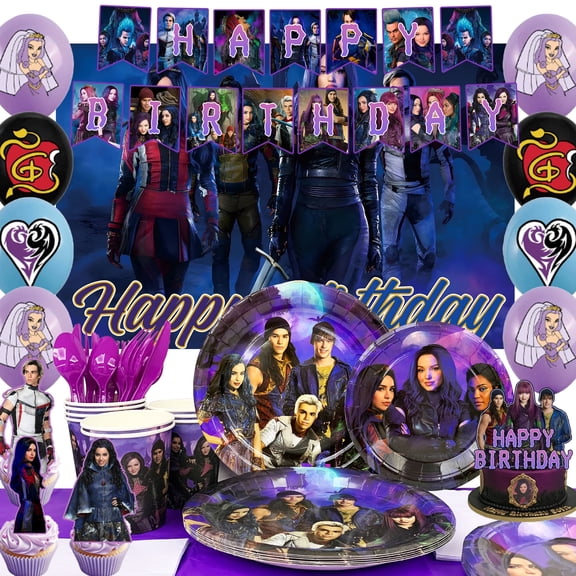 98 Pcs Descendants Birthday Party Decorations and Descendants Party Tableware Sets - Descendants Birthday Plates Tablecloth Banners and More Descendants Party Supplies for Kids
