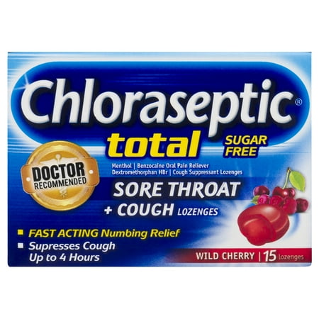 Cherry Cough Medicine - Chloraseptic Total Sore Throat + Cough Lozenges, Sugar-Free Wild Cherry, 15 CT