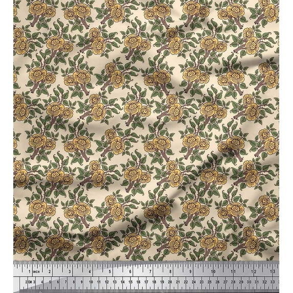 Soimoi Cotton Voile Fabric Leaves & Floral Block Fabric Prints by Yard 56 Inch Wide