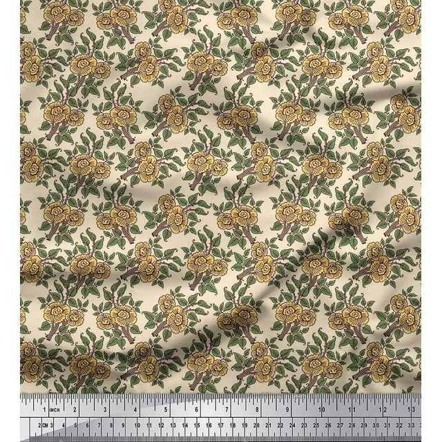 Soimoi Polyester Crepe Fabric Leaves & Floral Block Print Fabric by The Yard 52 Inch Wide