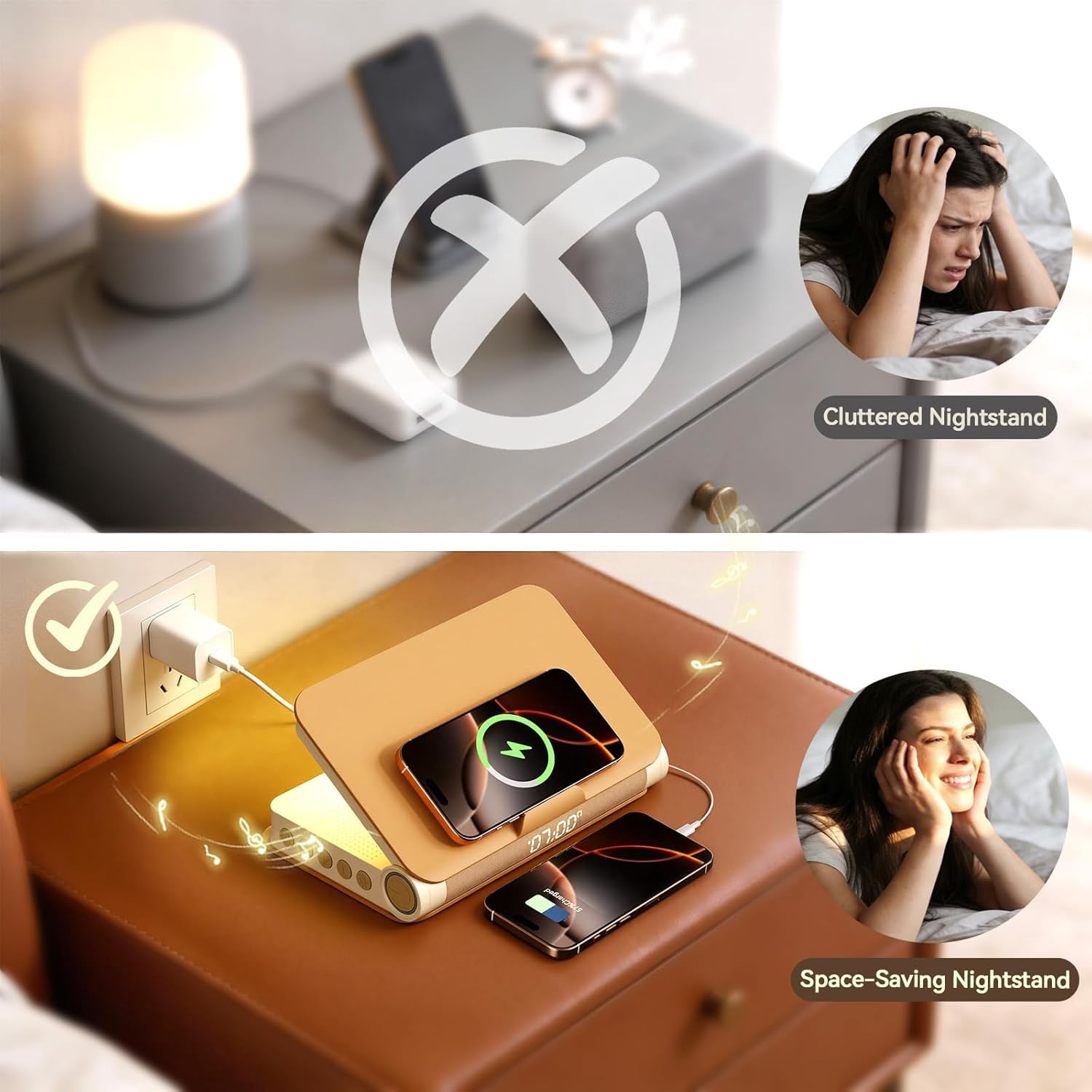 Sunrise Alarm Clock with Bluetooth Speaker, White Noise, Dimmable Lamp & Wireless Charging, Wood Grain Book Style