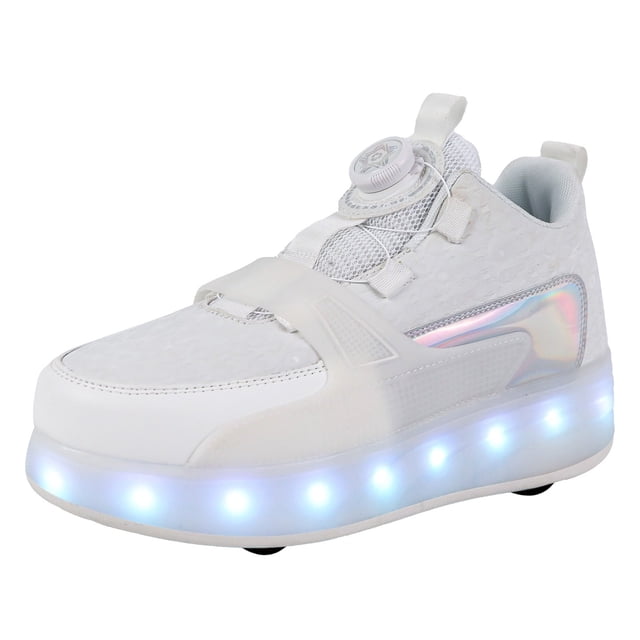 Espadrilles pour Garçons Chaussures pour Enfants Espadrilles à Semelles Épaisses avec Roues Chaussures Légères à la Mode Espadrilles à Roulettes Rechargeables par USB (Blanc, 13-13,5 Ans)