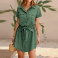 thumbnail image 5 of Midsumdr Womens Dresses Casual Summer Solid Color Turndown Collar Short Sleeve Shirt Dress Belted Pockets Temperament Mini Dresses, 5 of 6
