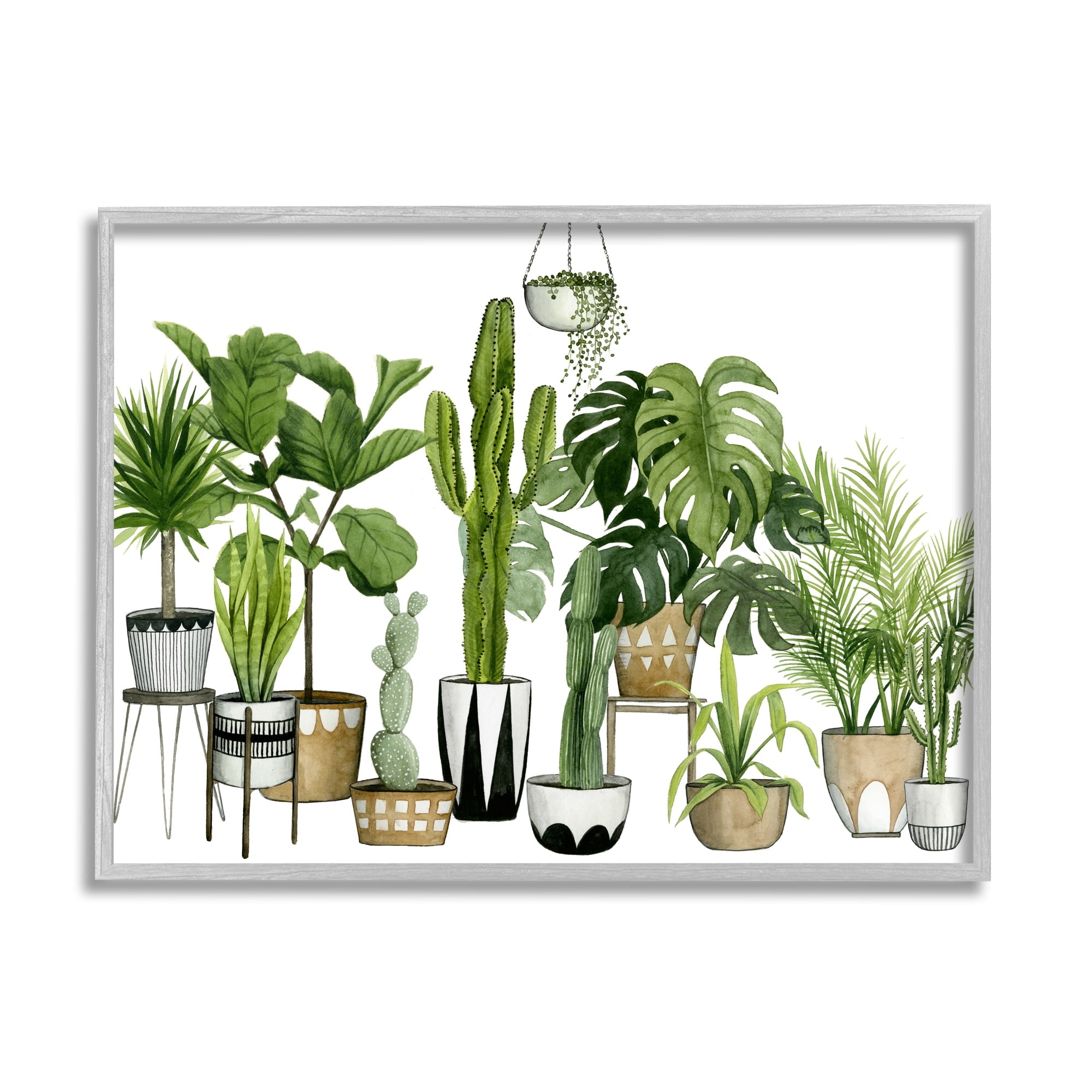 Stupell Industries Boho Plant Scene with Cacti and Succulents in Geometric Pots Watercolor Gray Framed Art Print Wall Art, 24x30, by Grace Popp