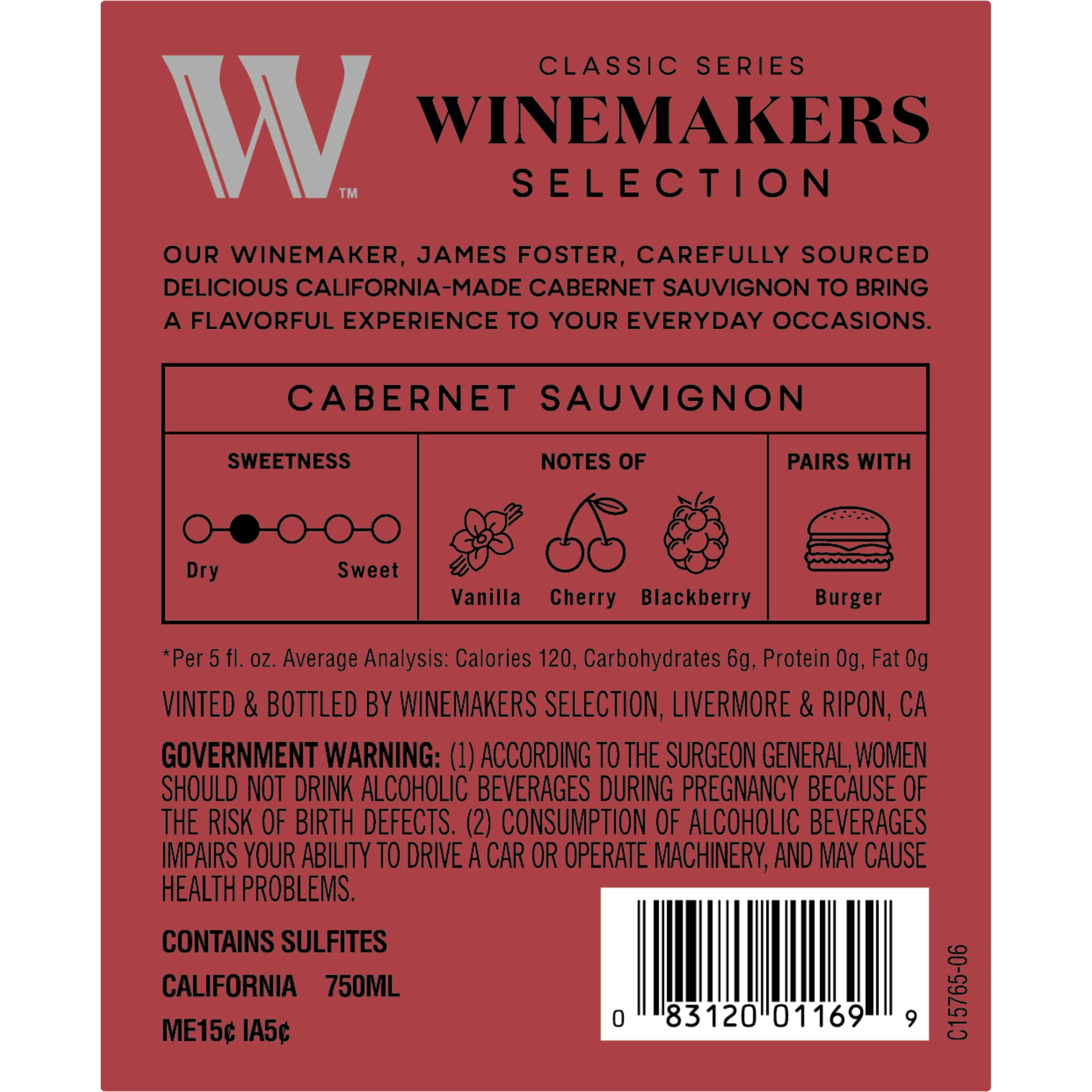 Winemakers Selection Cabernet Sauvignon Red Wine, [Flavor Notes], [XX]% Alcohol by Volume, Shelf Stable, 750 mL