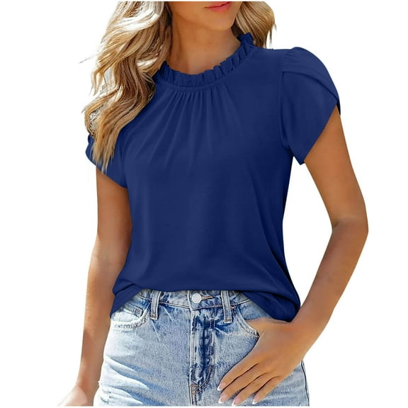 Busydd Womens Tops Casual Short Sleeve Round Neck Summer Tops for Women Fashion Solid Color Pleated Going Out Tops Spring Comfy Casual Tee Shirts Blouses