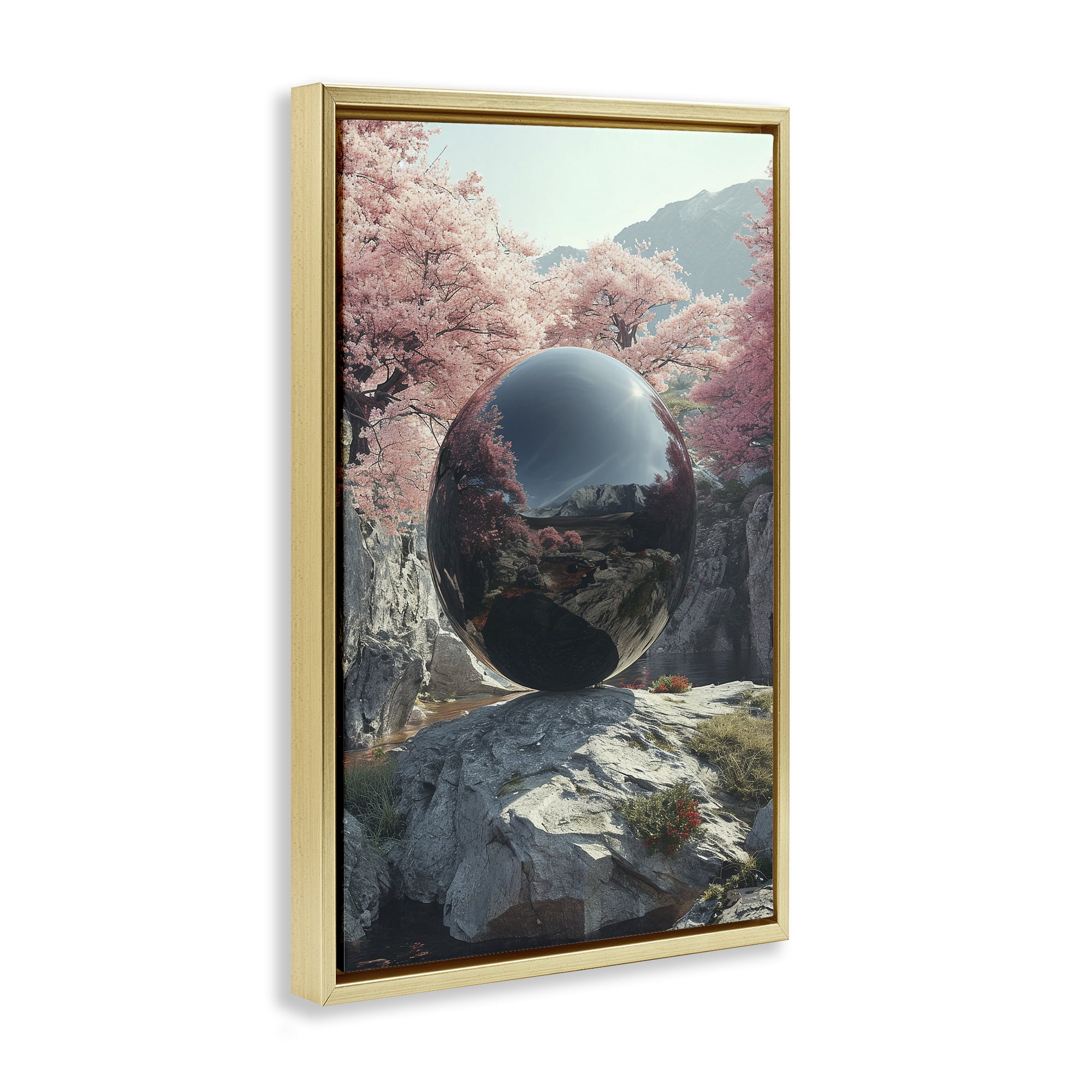 Stupell Industries Surreal Reflective Ball Landscape Painting Gold Floater Framed Art Print Wall Art, 17 x 25