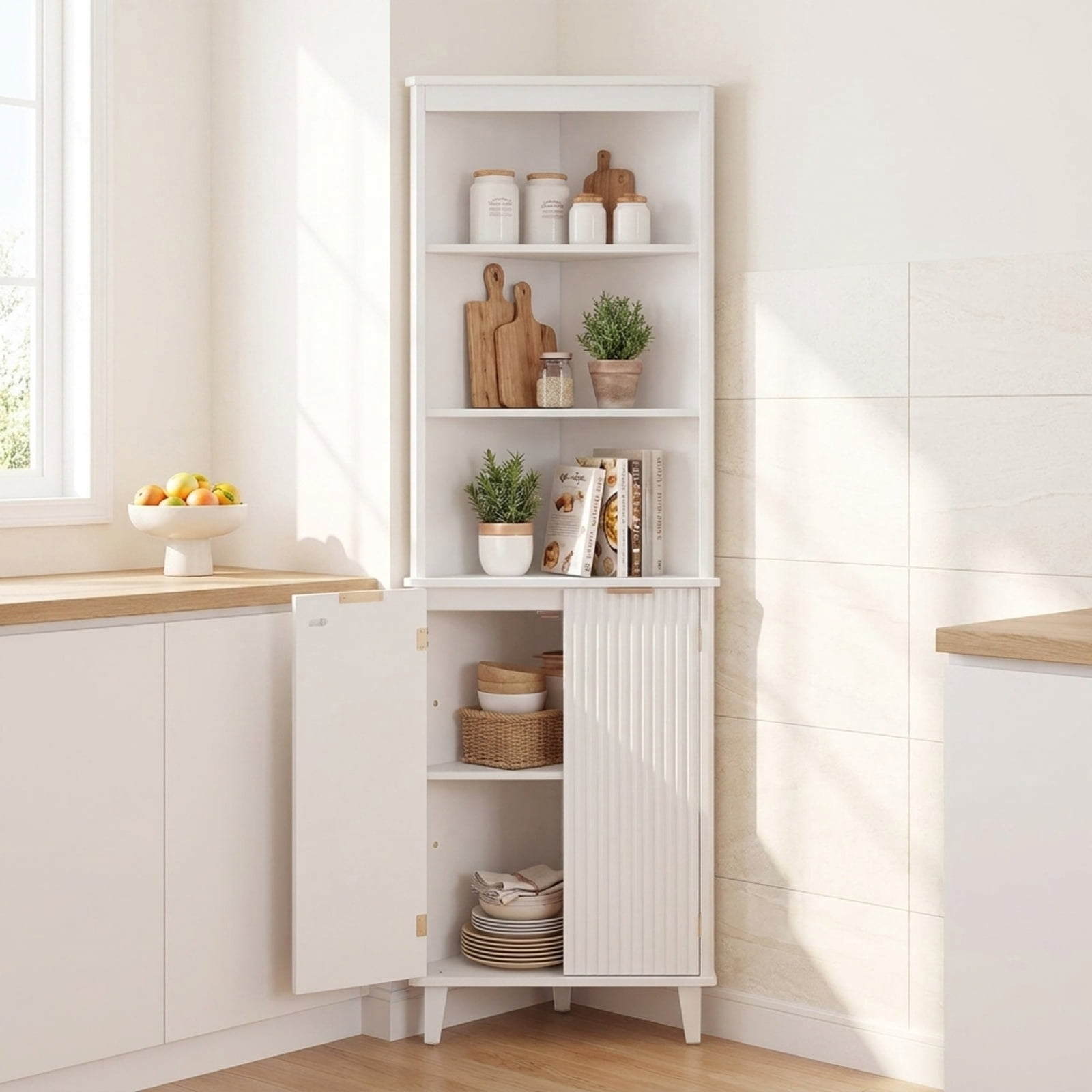 Vebreda Freestanding Bathroom Storage Cabinet, 68 Inch Tall Bathroom Floor Storage Cabinet with Fluted Doors, Space-Saving Design