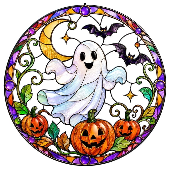 Vintage Halloween Window Clings, Reusable Static Decals with Ghost Pumpkin Moon, Stained Glass Style Decor for Home Party Shop Windows, 12x12 Inch
