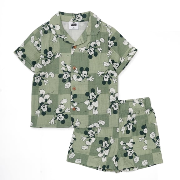 Disney Mickey Mouse Boys Cotton Button Down Shirt and Shorts Set, Summer Outfit for Toddler and Little Kids (Olive, 4T)
