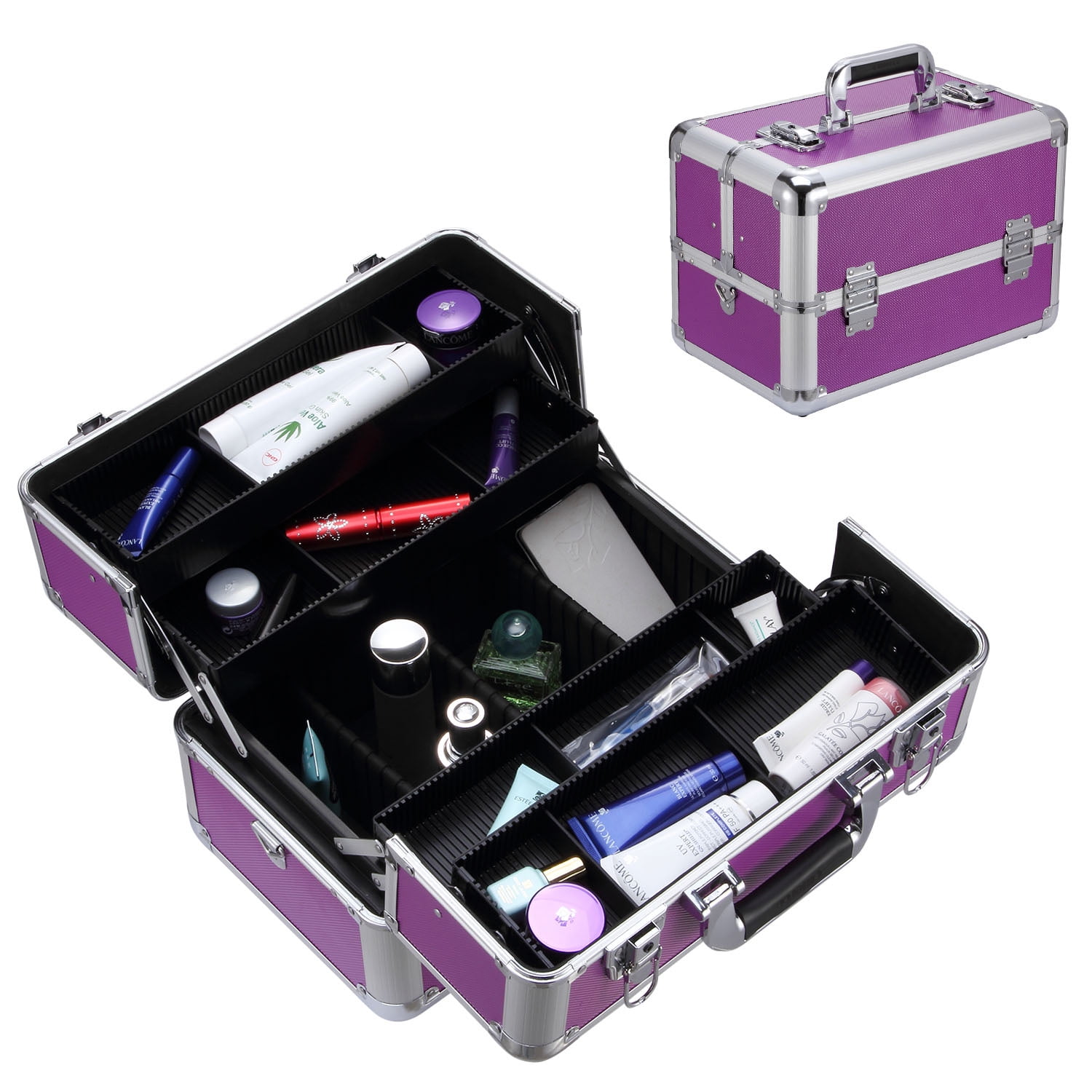 Allieroo Aluminum 14" Makeup Train Case Professional 2 Tier Large Cosmetic Artist Organizer Kit