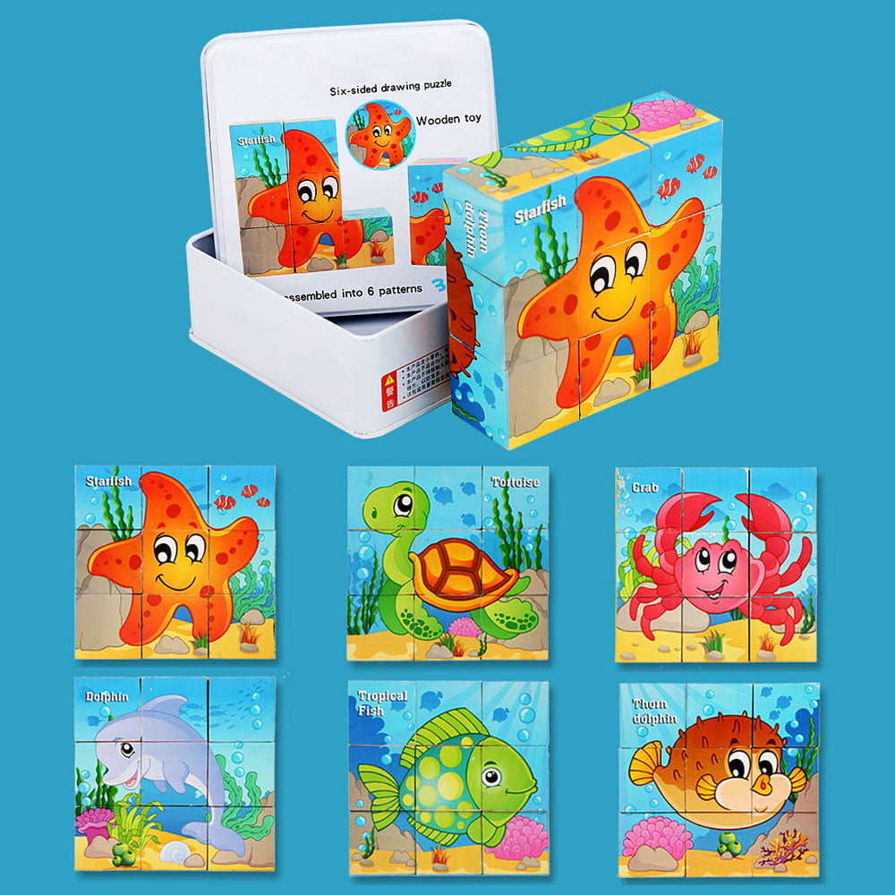 Muwanzi Lewo Wooden Animal Block Puzzle Cube Pattern Blocks Animals Jigsaw Puzzles Boys Girls Toddlers 2 3 4 Cube Puzzle
