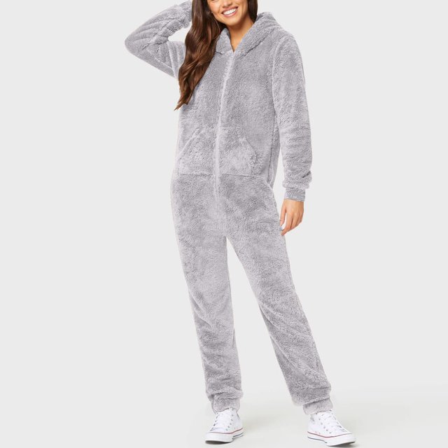 Pijama de lana Artificial para hombre, ropa de dormir informal de manga larga, Color sólido, con cremallera, mono holgado con capucha, Rompe cálido de invierno, 1