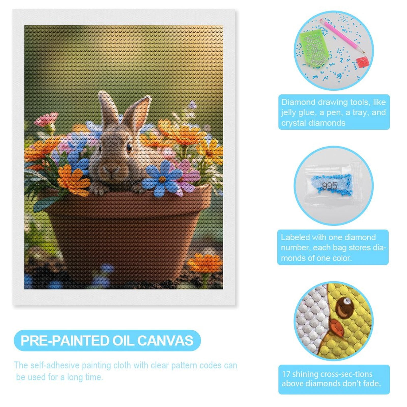 Diamond Art Kits for Adults, Cute Rabbit In Flower Pot 5D Diamond Painting Kits for Adults Beginners, DIY Full Drill Diamond Painting, Gem Art and Crafts 12x16