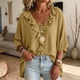thumbnail image 4 of Setooff Solid Ruffle V Neck Loose Womens Tops, Lightweight Cotton Linen Blend 3/4 Length Sleeve Casual Trendy Womens Shirts, 4 of 7