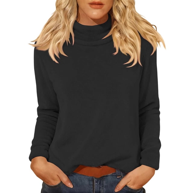 Comdrip Hauts pour Femmes Manches Longues Chemises pour Femmes Coupe Ample Col Roulé Haut Décontracté Automne Hauts Légers Chauds Chandails Hauts Col Roulé pour Femmes Noir 2TG