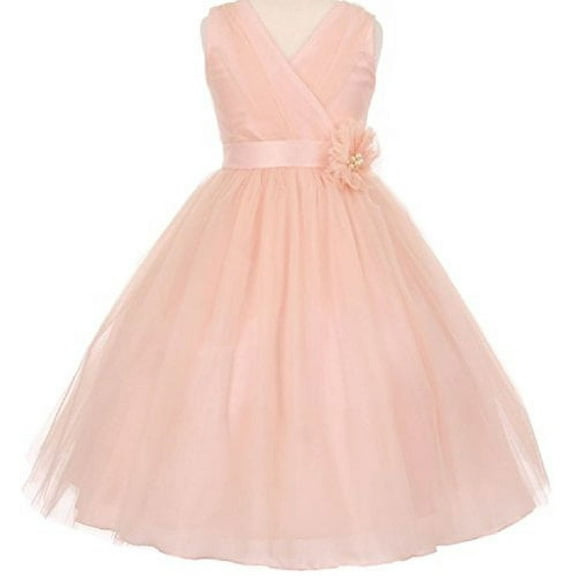 Big Girls' Ruched V Neck Tulle Easter Pageant Gown Flowers Girls Dresses Blush 10 (M3B4K7)