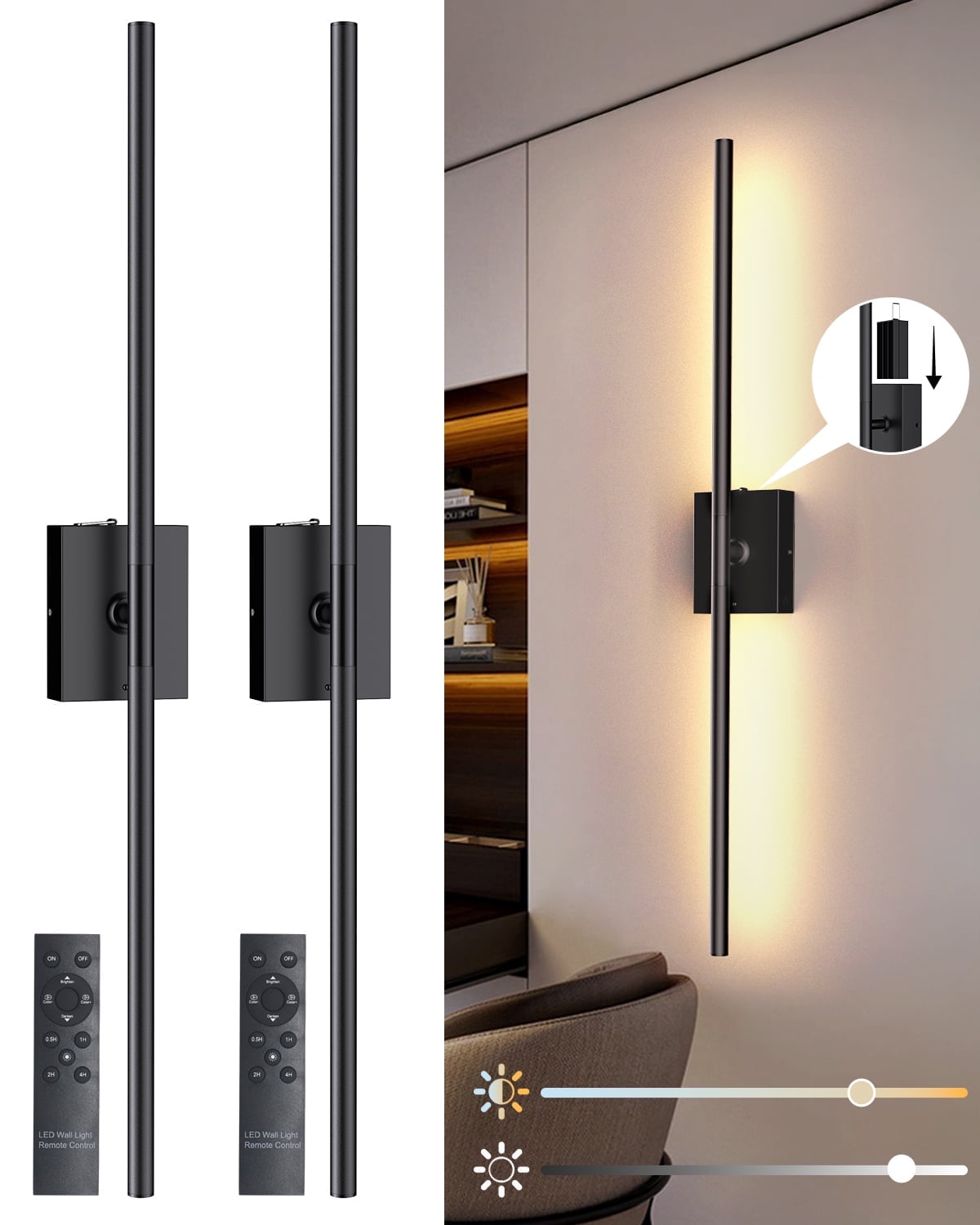 Set Of 2 Battery Operated Wall Sconces - Dimmable, 12 Colors, Remote Control | Wireless LED Sconce For Bedroom, Hallway