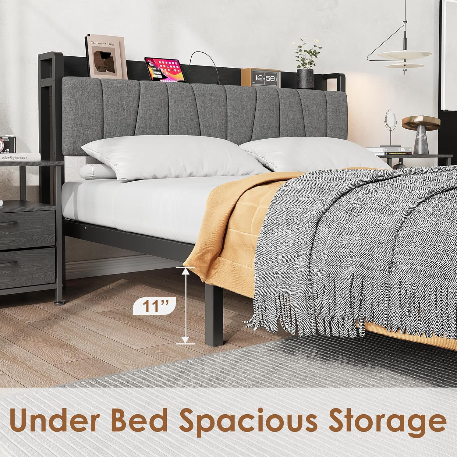 Senfot Full Size Platform Bed Frame with Storage Headboard, 2 Large Drawers, USB Charging Station, Noise-Free, No Box Spring Needed, Industrial Black Bed Frame