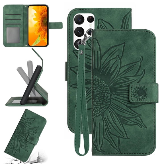 Feishell Slim Wallet Case for Samsung Galaxy S25 Ultra,for Men Women,Sunflower Embossed Pattern PU Leather Flip Cover Magnetic Closure Card Slots Stand Phone Case with Hand Strap,Green