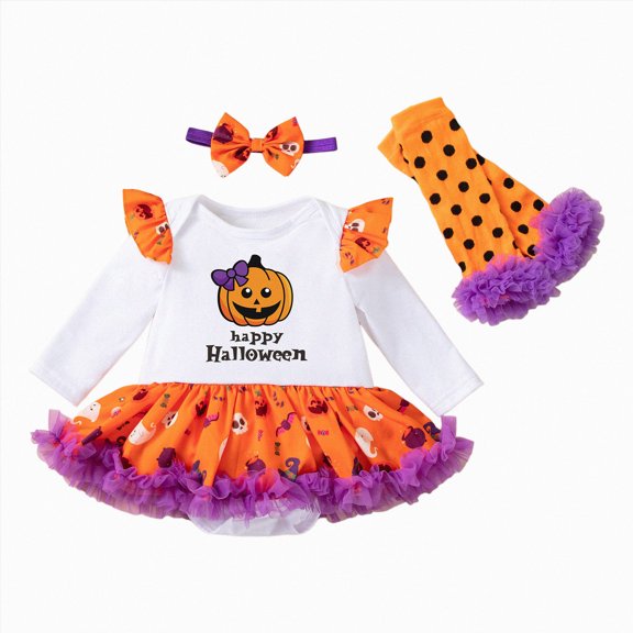 newwalpole My First Halloween Baby Girl Outfits Newborn 1st Halloween Dress Ruffle Romper Pumpkin Suspender Skirt 0-18 Months (Orange, 9-12 Months)