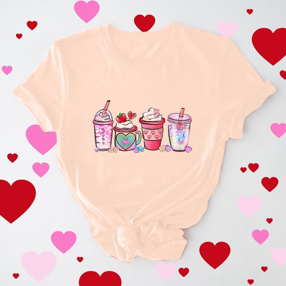 Otvok Womens Casual Round Neck Short-Sleeved Printed Valentines T-Shirt Tops