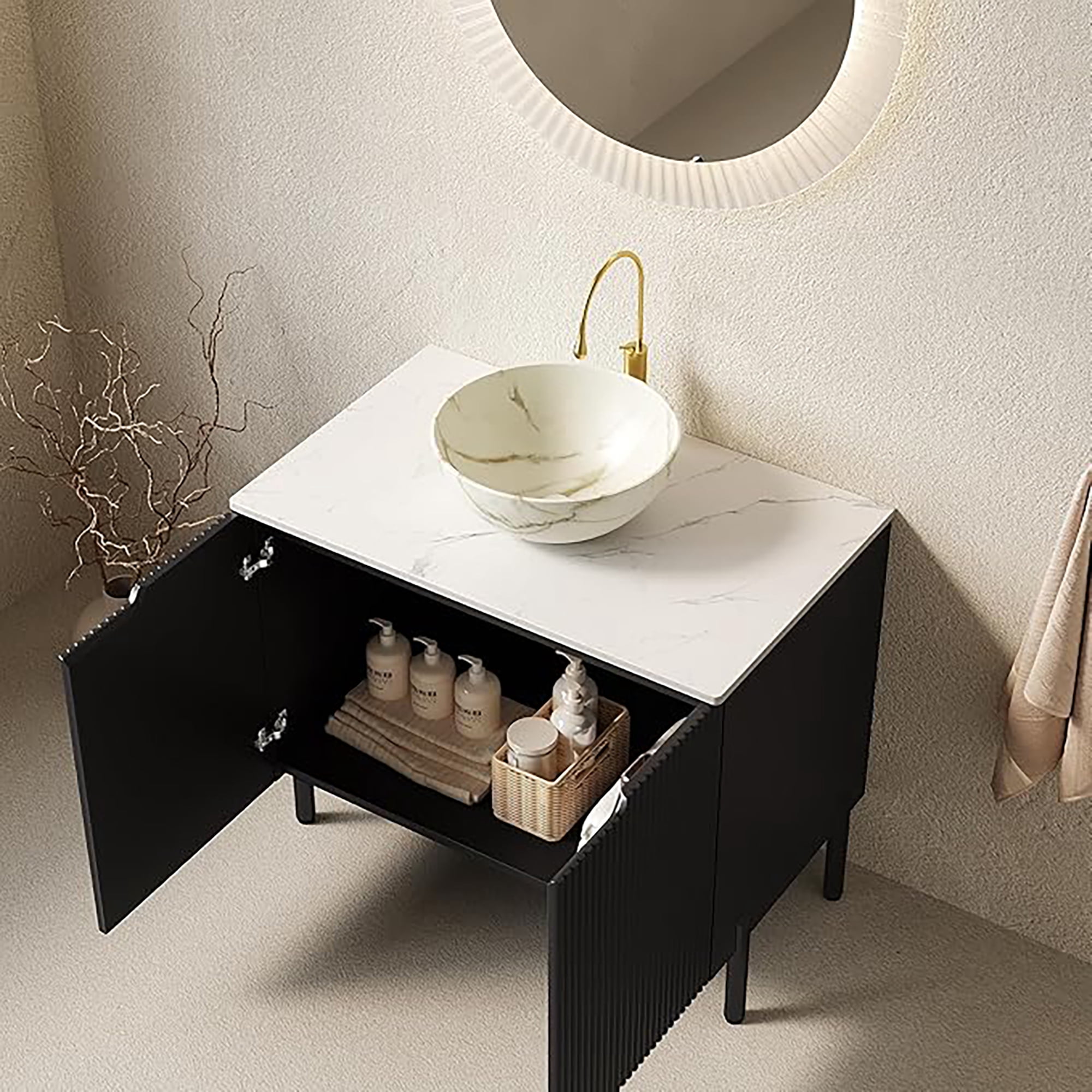 Wohh 14 Inch Bowl Shape Bathroom Sink with Marble Pattern, Small White Ceramic Integrated Countertop Vessel Sink, 14.17 x 5.51 Inch Durable Porcelain Vanity Basin for Vanity Storage Cabinet Use