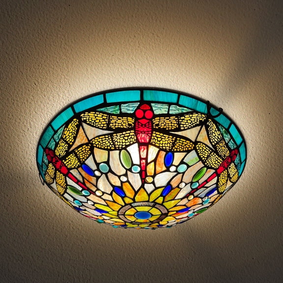 Tiffany Ceiling Lights, Stained Glass Ceiling Light 3-Lights 16 Inch Tiffany Flush Mount Ceiling Light Fixture for Bedroom Dining Living Room Entryway Foyer
