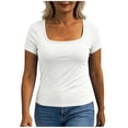 thumbnail image 4 of ByworldtasicNo Boundaries Womens Built-in Bra T Shirt Short Sleeve Square Neck Basic Tees Casual Ribbed Knit Fitted Tops, 4 of 8