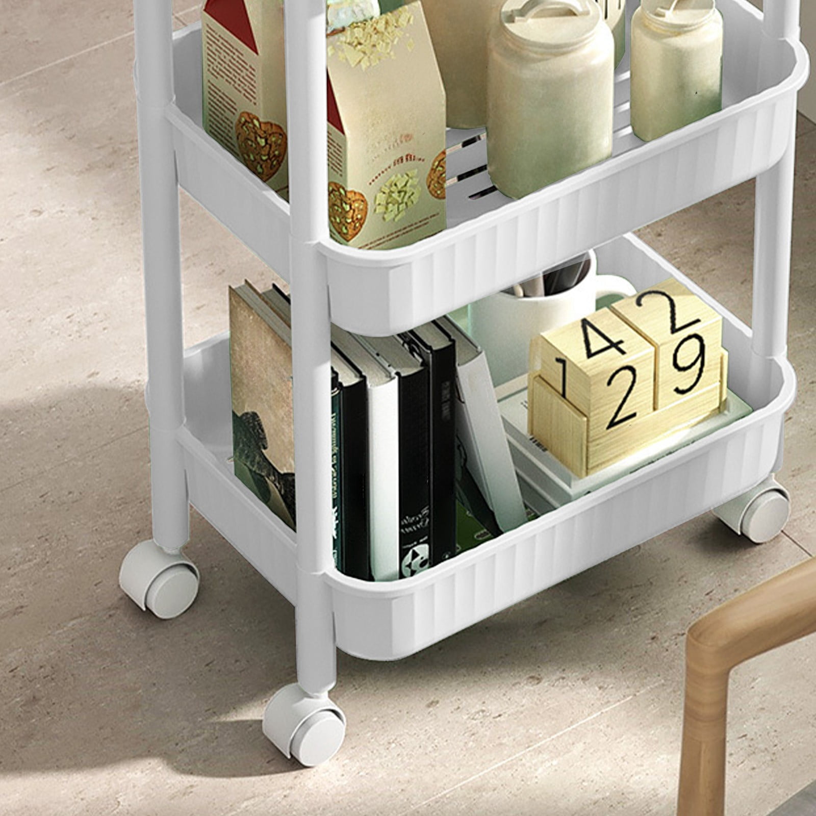 Two Tier Plastic Rolling Cart With Locking Swivel Casters, Lightweight Sturdy Large Capacity, Easy Assembly Handle Design, Mobile Storage, For Kitchen Office Bedroom Pantry Laundry Room Organization