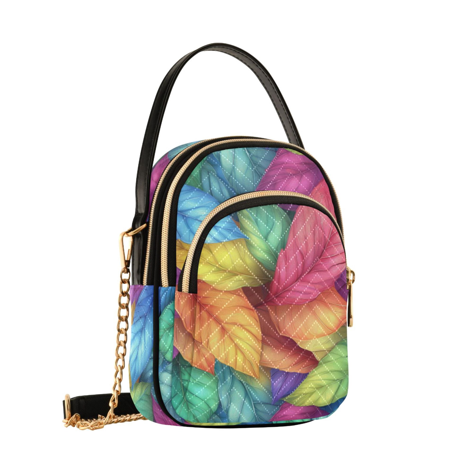 FORMRS Crossbody Bag for Women Quilted Travel Shoulder Cell Phone Purse with Chain Strap Handbag, Vibrant Leaves Pattern