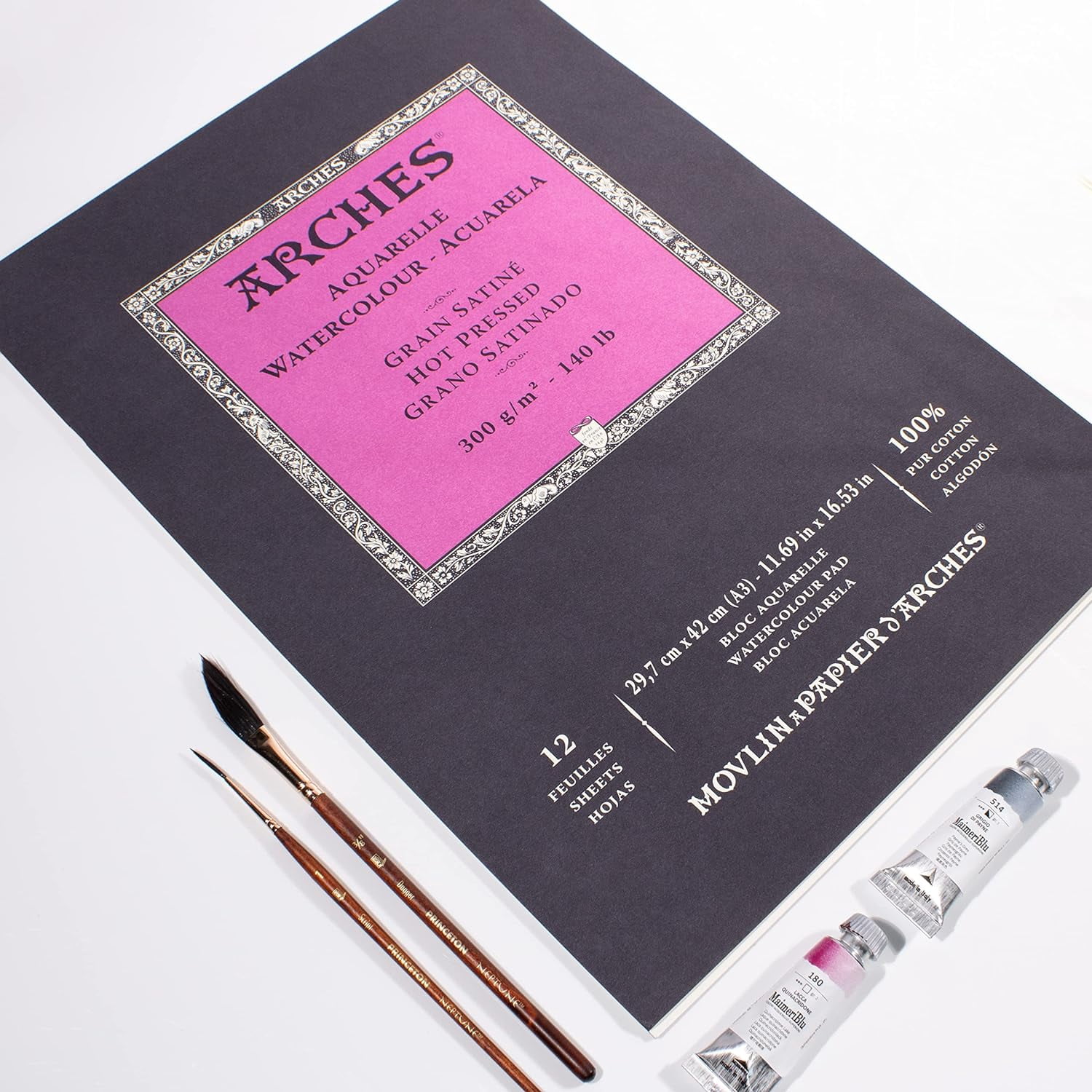ARCHES® Aquarelle Watercolor Paper Pad, Hot Press, Natural White, 140 lb (300 gsm), Glue Binding, 12 Sheet, 11.69x16.53 in, 1 Count