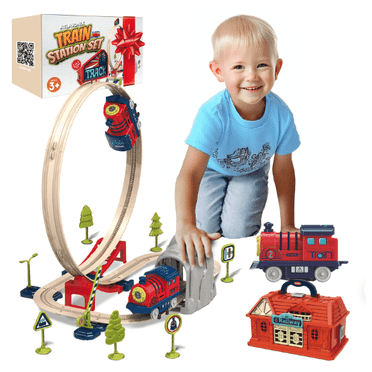Train Set for Toddlers 2-4 Railway Station with Train, Crane, Bridge & Signs - Montessori Educational Toy for Boys & Girls, Toddler Toys for Ages 3-5, Trains for Toddlers 3-5